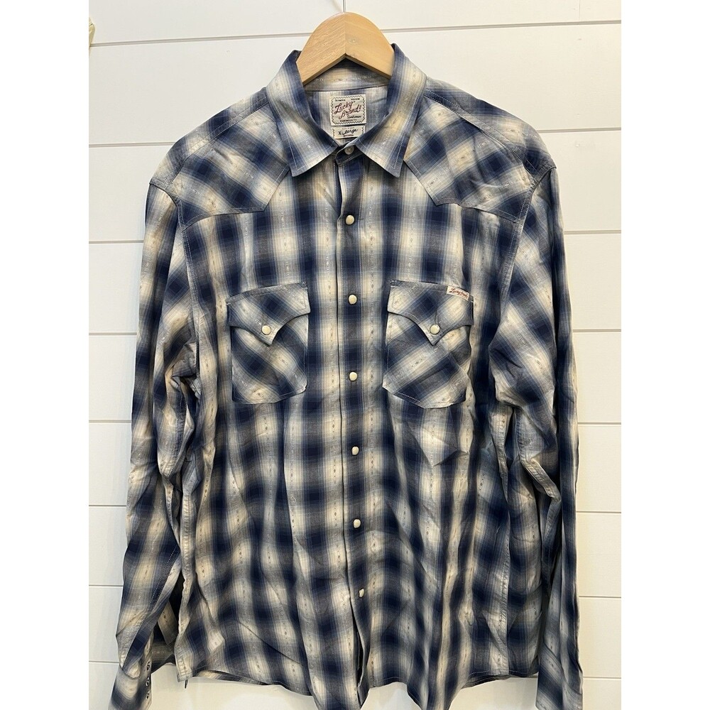 Lucky Brand Men's Blue White Plaid Western Long Sleeve Button-Up Shirt Size XL